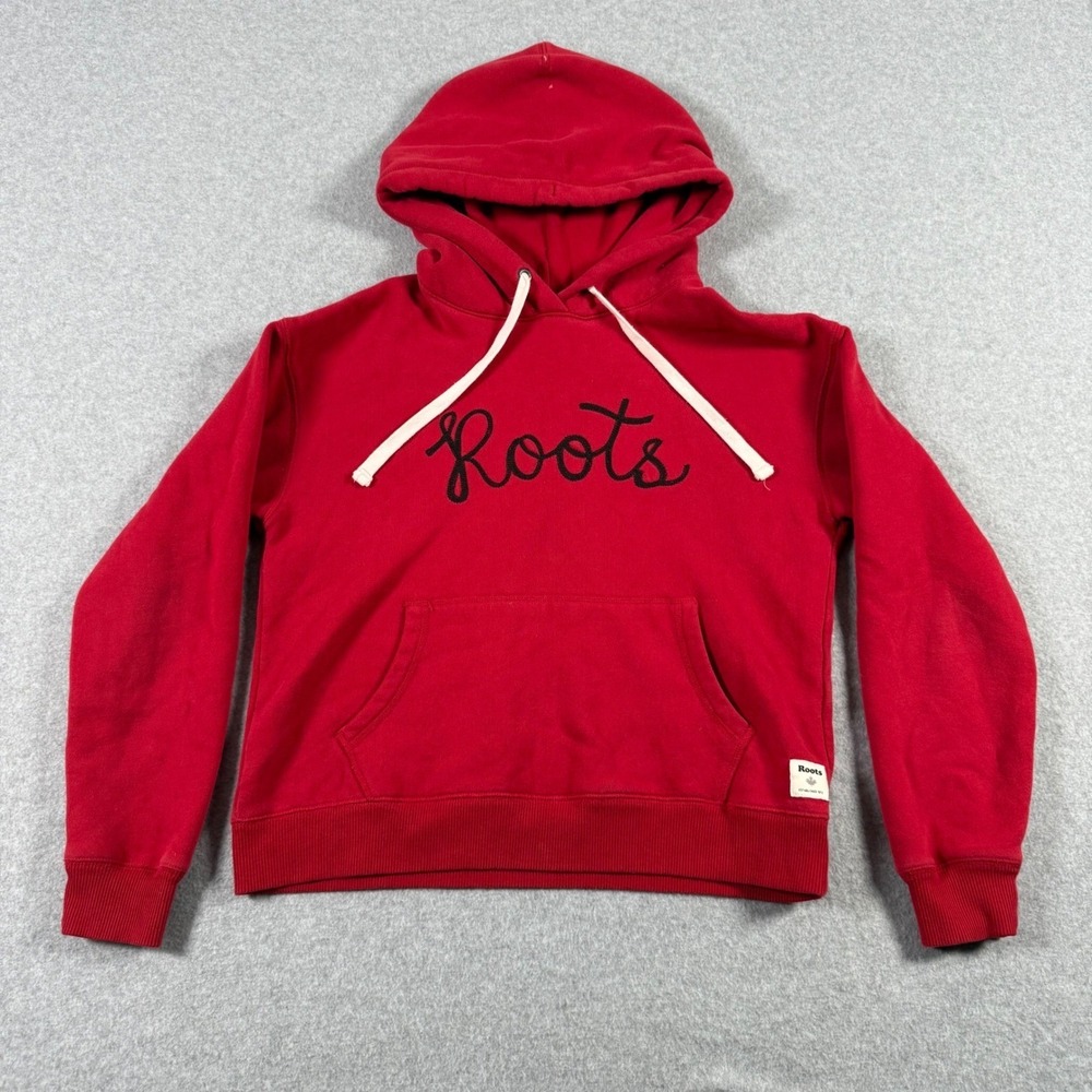Roots Red Pullover Hoodie Womens Medium Chain Stitch Logo Fleece Sweatshirt